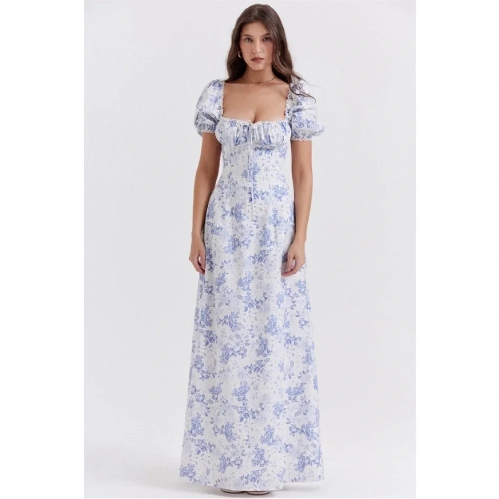 house of cb blue and white dress 'Charlotte' Blue Print Corset Midi Dress